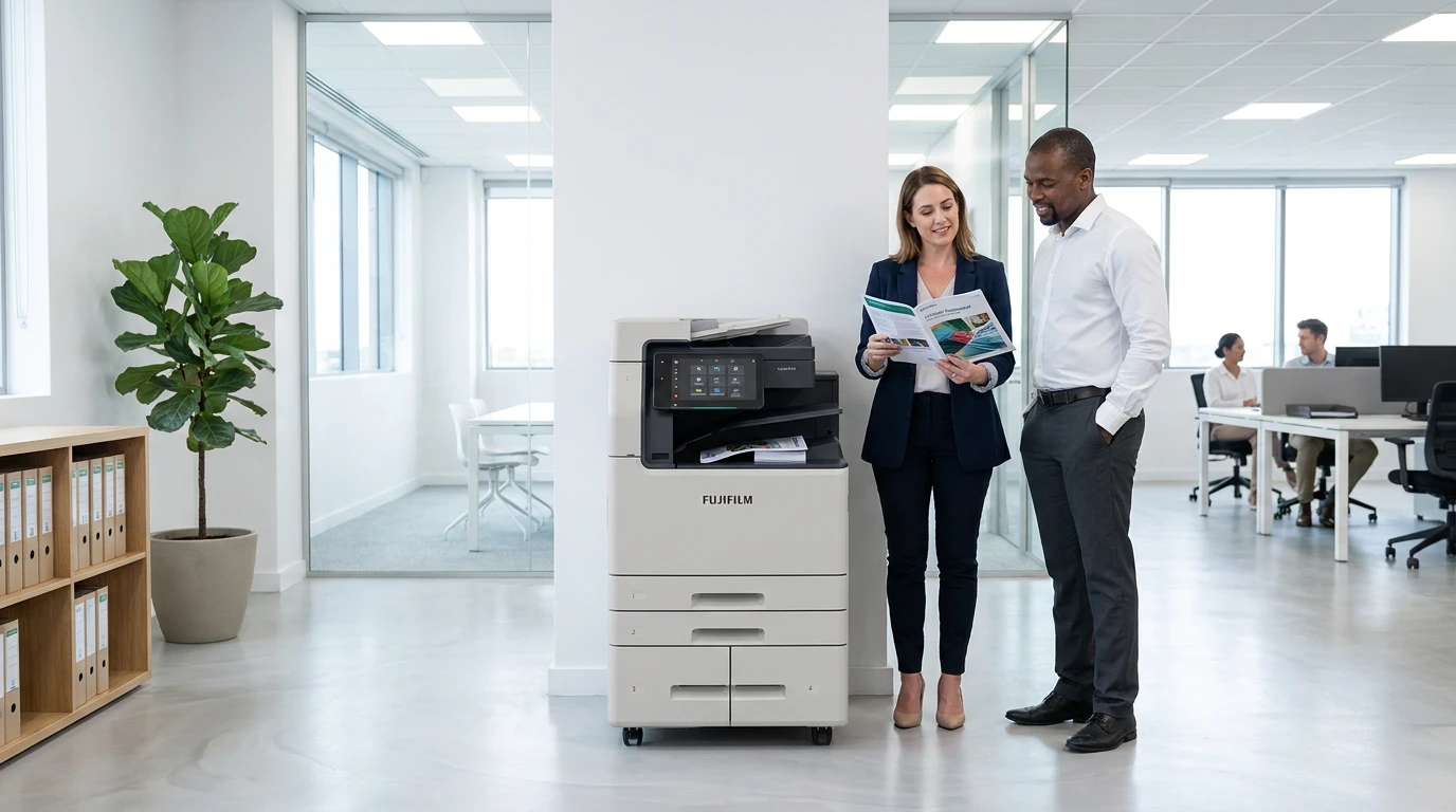 Man and woman standing beside a multifunction printer in a bright office