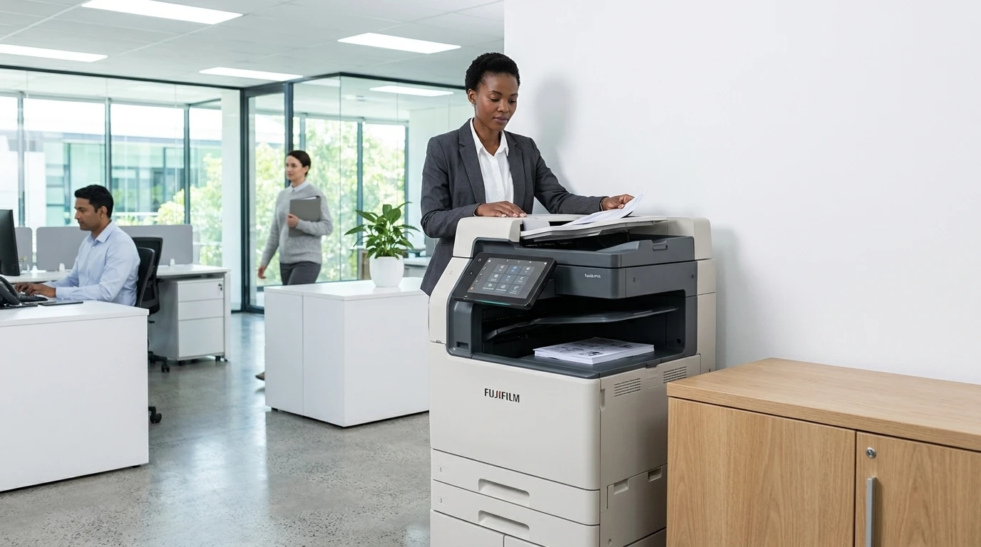 Businessman using a multifunction printer in an open-plan office
