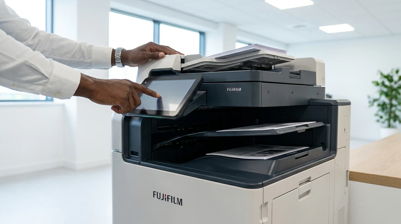 Hand placing paper into a multifunction office printer