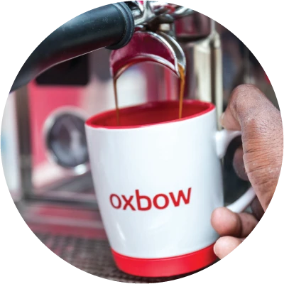 Hand holding a red Oxbow coffee mug