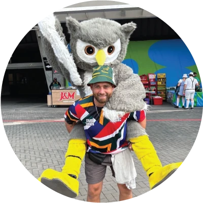 Oxbow owl mascot in costume at a company event