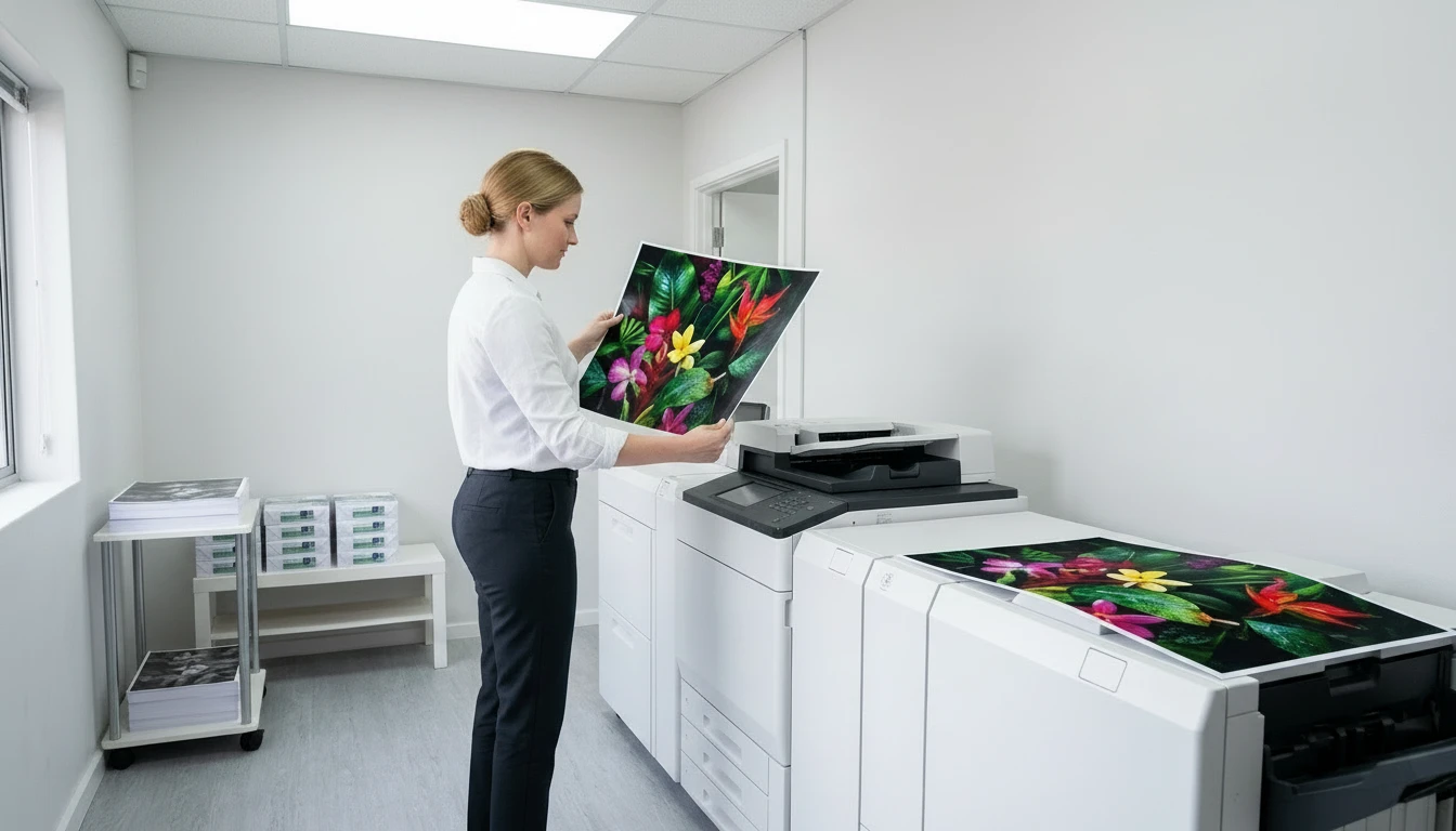 Woman standing beside a large format printer with a colourful print