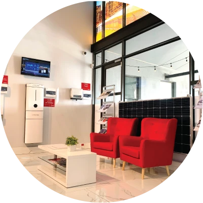 Oxbow reception lounge with red armchairs
